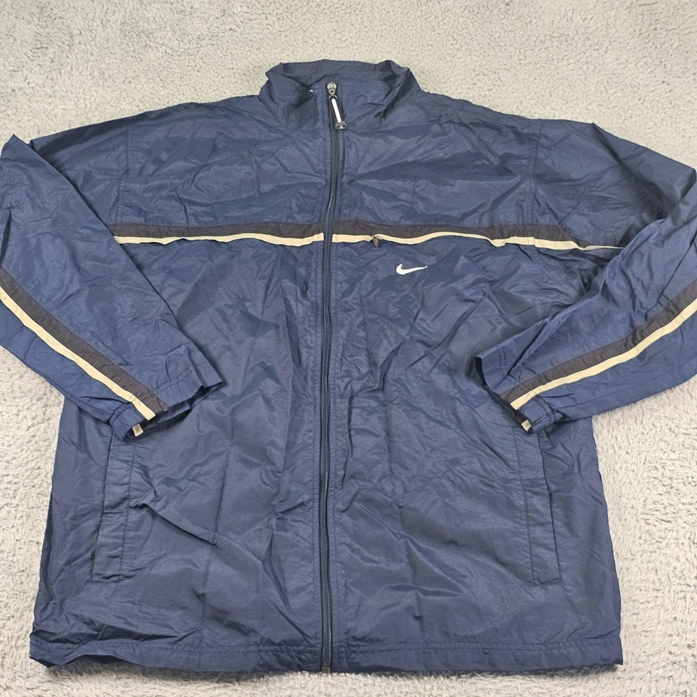 Nike Jacket Mens Large Navy Blue Windbreaker Full Zip Lined Stripe Swoosh Track - Picture 2 of 13